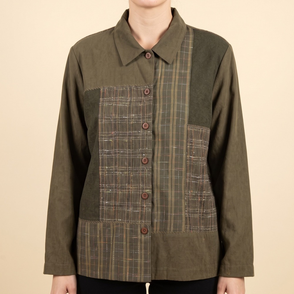 BonWorth Button Down Womens M 24346 Olive Green Patchwork Plaid